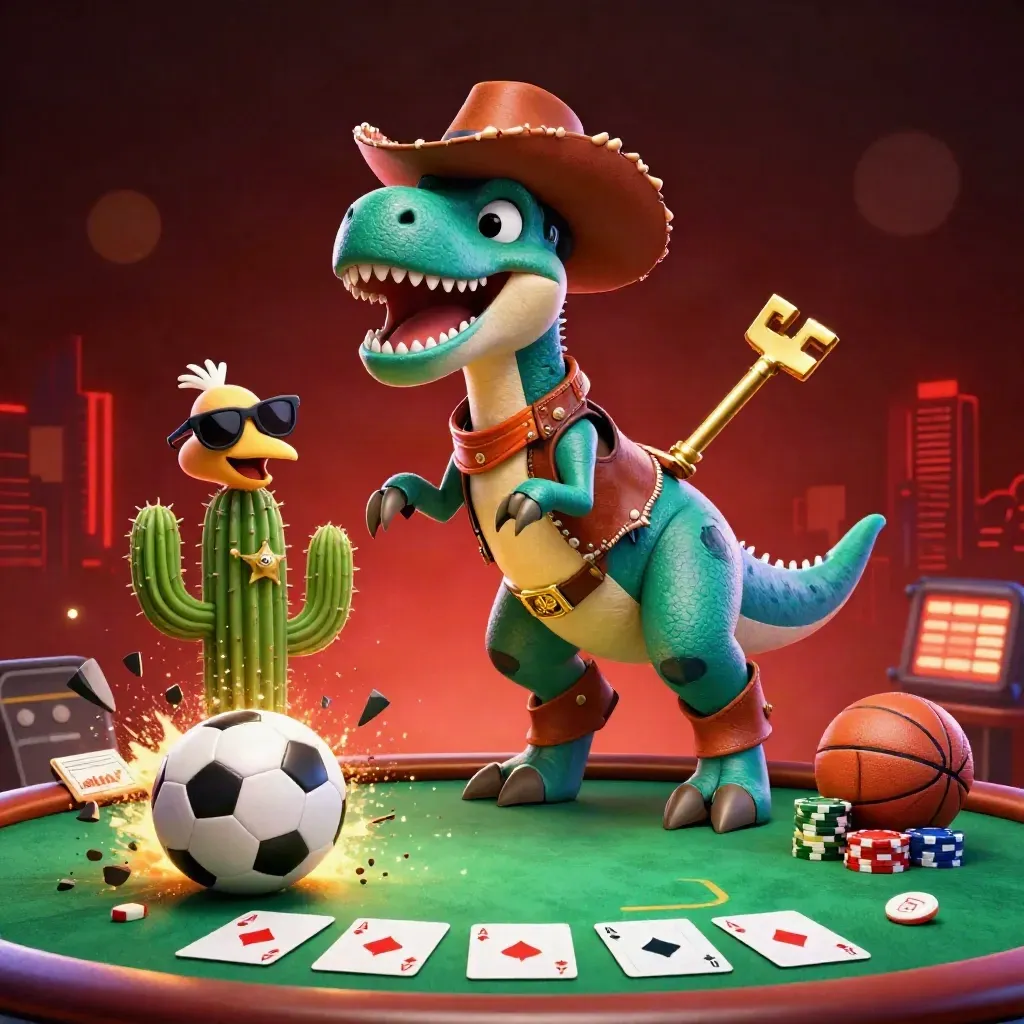 T-Rex cowboy, cactus e roadrunner tra carte, fiches e palloni su sfondo rosso.