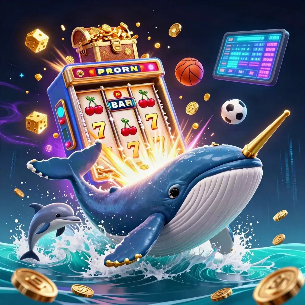 Balene e delfini tra slot, monete e palloni sportivi, luce marina neon.