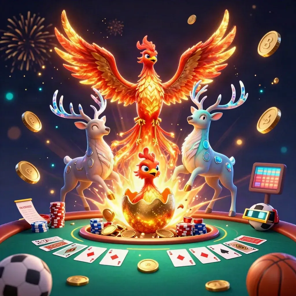 Fenice, cervo e uccellino fenice tra monete, poker e luci marine.