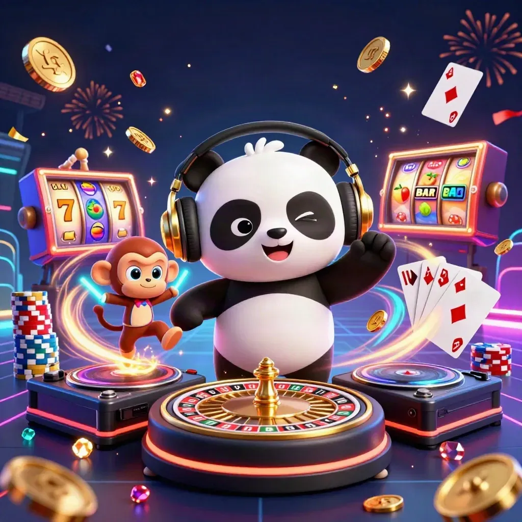 Panda DJ, scimmia e gattino rave tra fiches, monete e ruota della roulette su sfondo neon marino.