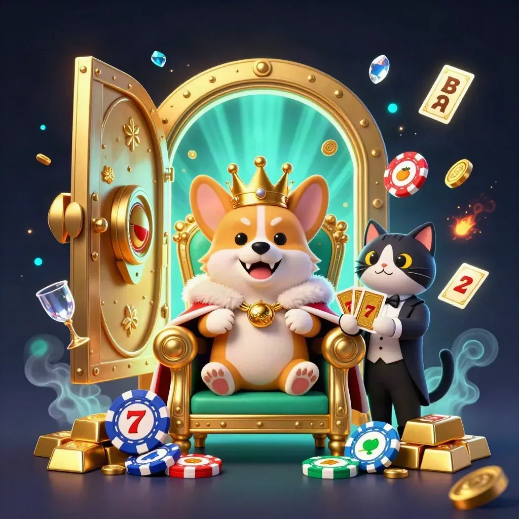 Corgi reale su trono di fiches con gatto maggiordomo, tesoro marino e bagliori dorati.